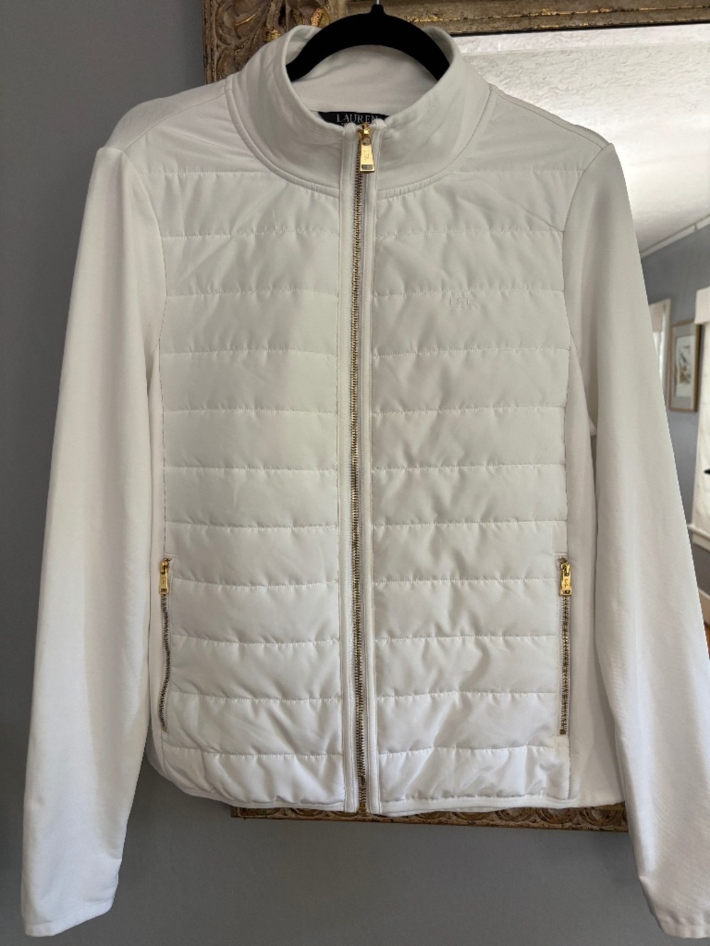 Lauren Ralph Lauren White Mixed-Media Quilted Jacket w/gold hardware. Size Large